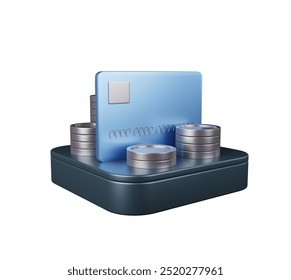 3D rendering of a credit card with a stack of coins on a podium. Business growth, future finance.