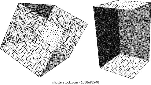 3D rendering cube vector object in pointillism style and monochrome block in dotted style isolated on white background