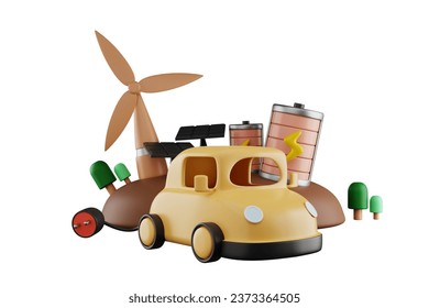 3D rendering of cute cars powered by electricity