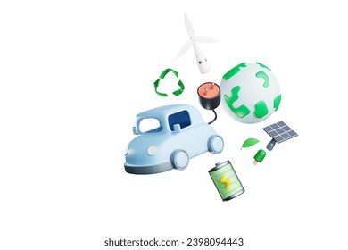 3D rendering of a cute cartoon of an environmentally friendly electric car.