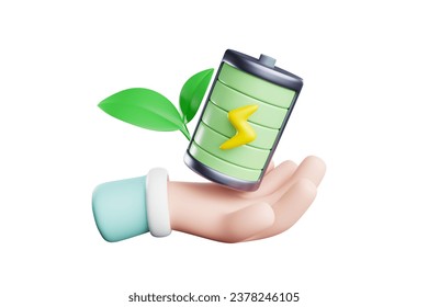 3D rendering Cute cartoon hand holding an environmentally friendly battery Concept of saving the world