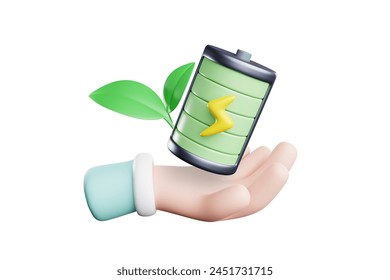 3D rendering Cute cartoon hand holding an environmentally friendly battery Concept of saving the world