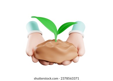 3D rendering Cute cartoon hands hold trees preparing to be planted on Earth Day.