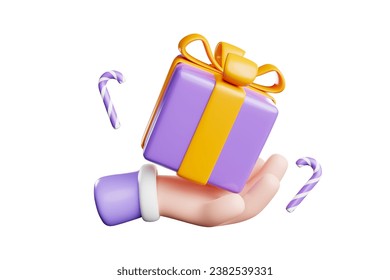 3D rendering of cute cartoon hands holding gift boxes on Christmas night