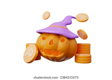 3D rendering Cute cartoon pumpkin ghost and coins collect points on Halloween night.