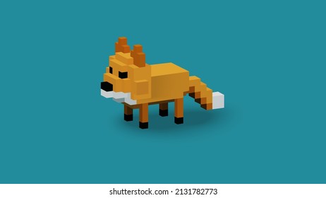 3D rendering of a cute fox animal using voxel style and isolated in blue background. Also using orange, black and white color scheme