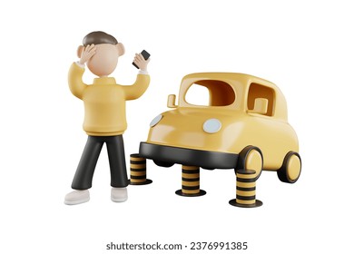 3D rendering of a cute male driver and a car that is in an accident.