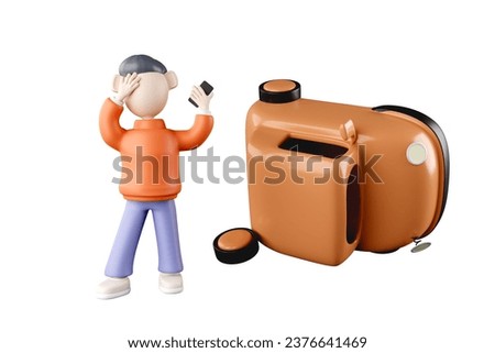 3D rendering of a cute male driver and a car that is in an accident.