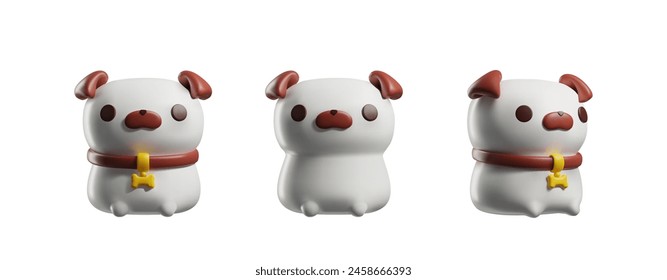 Conjunto de perros blancos lindos de renderizado 3d. Dulce cachorro de pura raza con colgante de hueso lateral y vistas frontales. Juguete de perro de volumen divertido con las orejas y la nariz marrones. Ilustración vectorial realista del juguete de la mascota de la historieta aislada