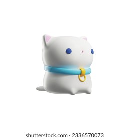 3d rendering cute white kitty. Sweet pussycat childish character side view. Funny volumetric plastic, rubber or silicone cat toy. Cartoon pet toy realistic vector illustration isolated on white