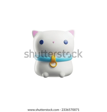 3d rendering cute white kitty. Sweet pussycat childish character. Funny volumetric plastic, rubber or silicone cat toy. Cartoon pet toy realistic vector illustration isolated on white background.