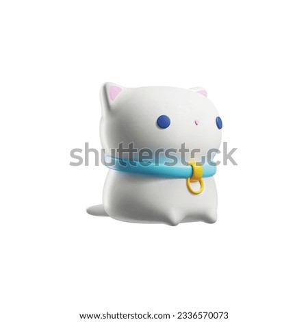 3d rendering cute white kitty. Sweet pussycat childish character side view. Funny volumetric plastic, rubber or silicone cat toy. Cartoon pet toy realistic vector illustration isolated on white