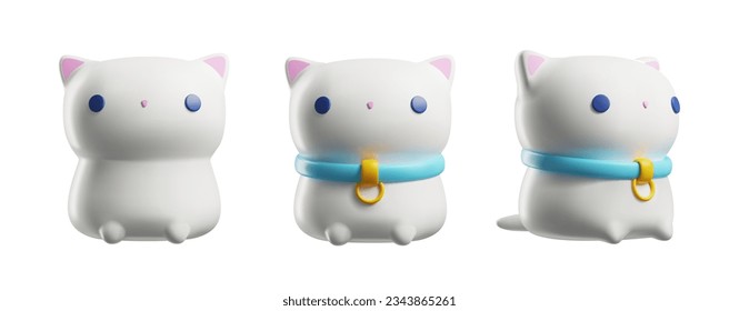 3d rendering cute white kittys set. Sweet pussycats childish character side and fromt views. Funny volumetric plastic or rubber cat toy. Cartoon pet toy realistic vector illustration isolated on white