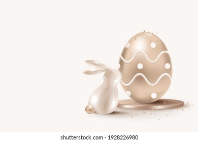 3D Rendering Easter Background Vector With Bunny And Egg In Luxury Rose Gold 