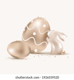 3D rendering Easter vector with bunny and eggs in luxury rose gold 