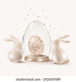 Vector 3D de Pascua con conejillos y huevos dorados