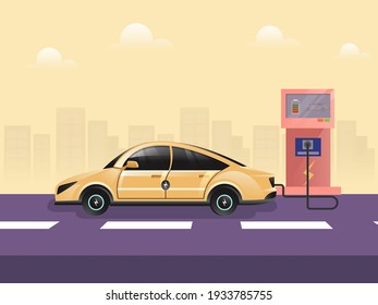 3D Rendering Electric Car Charging At Station On Purple And Yellow Background For Renewable Energy Concept.