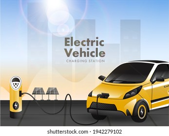 3D Representación De La Estación De Carga De Vehículos Eléctricos Con Un Coche Para El Concepto De Energía Renovable.