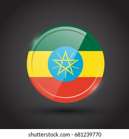 3d rendering of Ethiopia button with flag on black background.