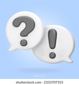 3d rendering faq icon, question and exclamation mark sign with speech bubble. Ask FAQ and answer solution information. Customer support. Question answer sign. Cartoon 3d concept. Vector illustration.