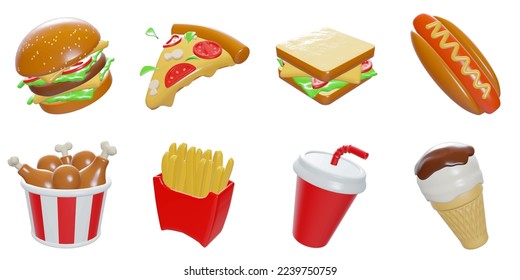 3d rendering. fast food icon set on a white background