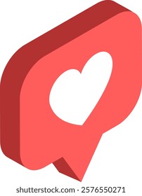 3D rendering featuring a vibrant red speech bubble adorned with a white heart, symbolizing love, affection, and connection within social media interactions and communications