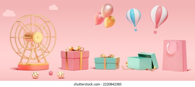 3D rendering Ferris wheel with wrapped giftboxes, unwrapped box, bag and flying balloons isolated on pink background