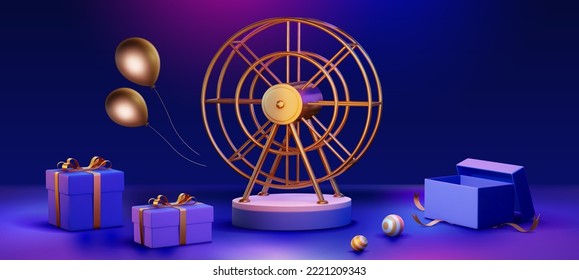 3D rendering ferris wheel with wrapped giftboxes, unwrapped box and flying balloons