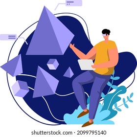 3D Rendering Flat Illustration Metaverse Virtual Reality concept, color dark blue, yellow, green minimal style, can be used for landing page, web, UI, banner, template, background, web development.