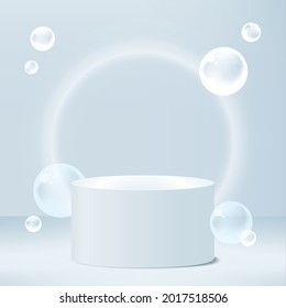 3d rendering floating podium and water drops above blue ocean and glowing light circle. Minimal light blue color scheme. Moisturizer cosmetic product concept. Stage for product light platform