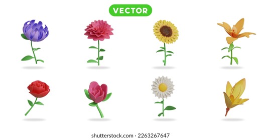 3d rendering. Flowers in spring and summer icons set on a white background Cremon flower, dahlia flower, sunflower, tiger lily, rose, tulip, daisy, lily svg
