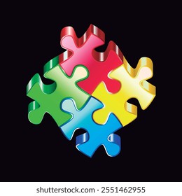 3d rendering four puzzle pieces. Vector isolated on black backgronud.