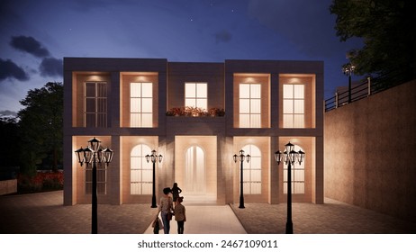 3D rendering front view facade design at night to see lighting