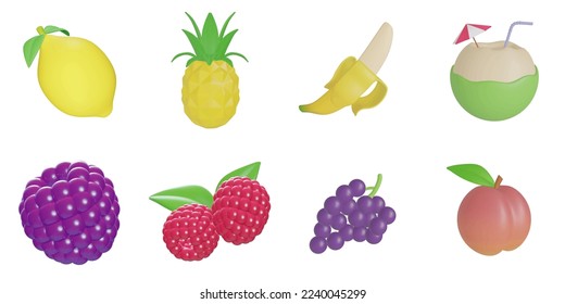 3d rendering. fruits icon set on a white background.lemon,pineapple,banana,coconut,raspberry,grape,peach,cherry