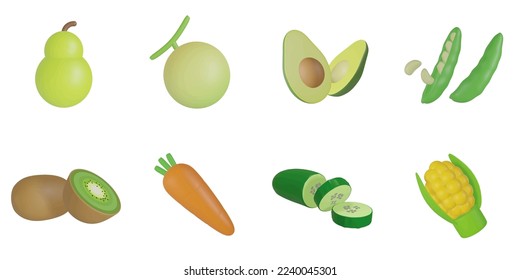 3d rendering. fruits and vegetables icon set on a white background.pear,melon,avocado,beans,kiwi,carrot,cucumber,corn