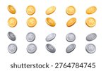 3D rendering of golden and silver coins featuring a clover pattern. Coins are shown from different angles on a white background. Ideal for game design or financial illustrations.