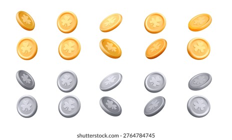 3D rendering of golden and silver coins featuring a clover pattern. Coins are shown from different angles on a white background. Ideal for game design or financial illustrations.
