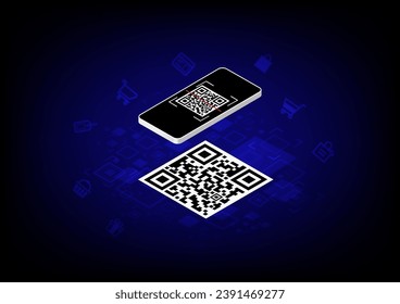 3d rendering gradient blue background of smart phone scanning on QR code with e-commerce eleements. E-commerce and technology concept.