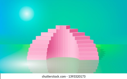 3d rendering, green blue pink stairs, steps, abstract background in arched pastel colors, fashion podium, minimalist scene, primitive architectural objects, designer element