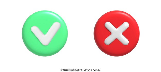 3d rendering of green check and red cross.   Vector illustration of right and wrong button.