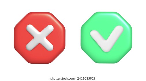 3d rendering of green check and red cross.   Vector illustration of right and wrong button.