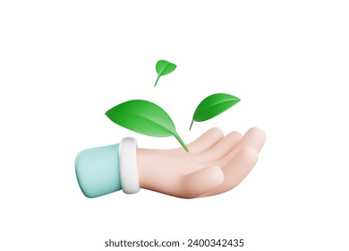 3D rendering. Green leaves floating on hands. environmental conservation concept