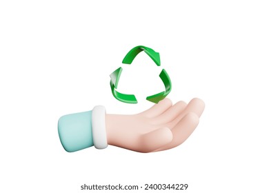 3D rendering. Green recycling icon floating on hand. Recycling and reuse concept