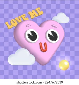3d rendering Groovy lovely heart character flying between clouds on checkered greeting card. Weird retro Love mascot. Happy Valentines day. Vector render illustration. Love me text.