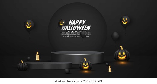 3D rendering Halloween product showcase design with black gradient color. Minimal black Halloween holiday abstract product showcase and scene with 3D realistic podium template. Halloween banner. 