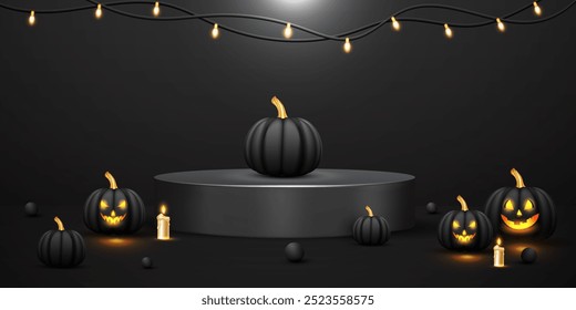 3D rendering Halloween product showcase design with black gradient color. Minimal black Halloween holiday abstract product showcase and scene with 3D realistic podium template. Halloween banner. 