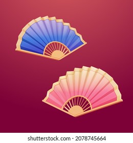 3D rendering handheld folded paper fans in Chinese style. Suitable for performances, weddings, and events