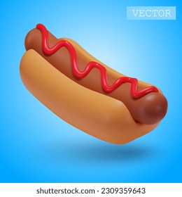 3D rendering of a hot dog with ketchup. Fast food. Fatty, unhealthy, unhealthy food. Bright Illustration in cartoon, plastic, clay 3D style. Isolated on a white background.