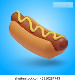 3D rendering of a hot dog with mustard. Fast food. Fatty, unhealthy, unhealthy food. Bright Illustration in cartoon, plastic, clay 3D style. Isolated on a white background.