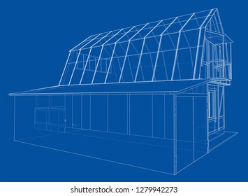 3D rendering of house wireframe structure. Vector construction design